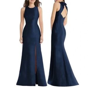 ALFRED SUNG Navy Blue Halter Mermaid Maxi Gown with Back Bow